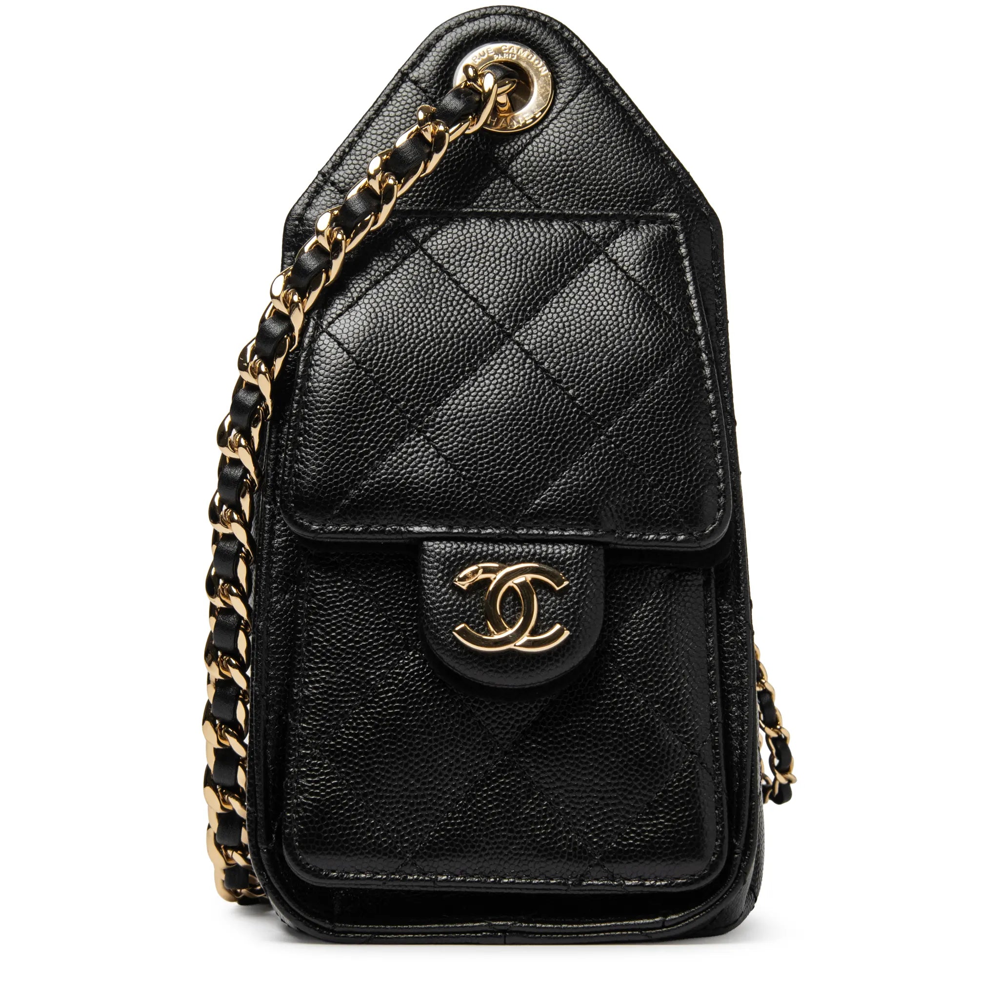 Side View of Chanel 25 Grained Calfskin Gold Tone Metal Black Mini Handbag